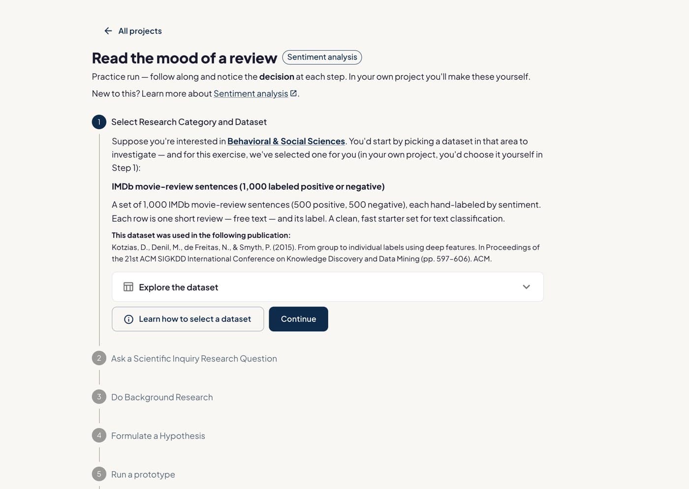 A Lab project open at step one: pick a research category, then a dataset.