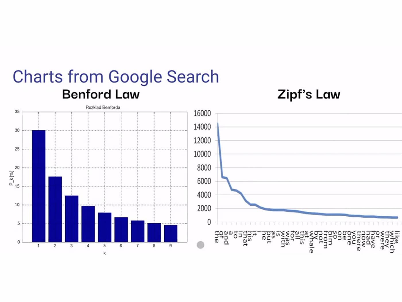 A student’s slide headed “Charts from Google Search”, showing published charts for Benford’s Law and Zipf’s Law side by side.